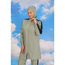 Moda Çizgi Kadın Pantolonlu Kolu Şeritli Tam Tesettür Mayo Su Yeşili 31065