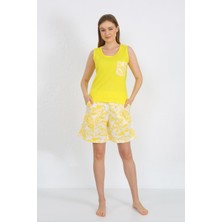 Moda Çizgi Kadın Kalın Askılı Cepli Şortlu Takım Sarı 3617