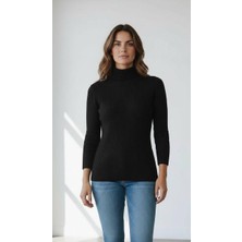 Miss Poem Kadın Siyah Fitilli Balıkçı Yaka Slim Fit Triko Kazak