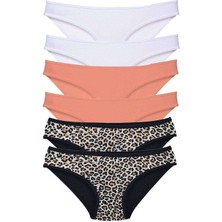 ModaSize 6 Adet Likralı Kadın Slip Külot Leopar Beyaz Pudra