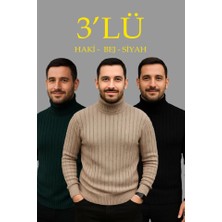 ModaSize Erkek Fitilli Triko Kazak 3lü Set Bej Haki Siyah Regular Balıkcı Yaka Tam Boğazlı Triko Seti Modeli Kazak