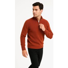 ModaSize Erkek Yarım Fermuarlı Triko Kazak – Selanik Örgü, Dik Yaka, Pamuklu Dokuma, Regular Fit Uzun Kollu Kışlık Model - Kiremit