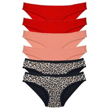 ModaSize 6 Adet Likralı Kadın Slip Külot Leopar Kırmızı Pudra