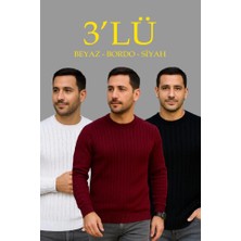 ModaSize Erkek Fitilli Triko Kazak 3lü Set Beyaz Bordo Siyah Regular Fit Bisiklet Yaka Triko Seti