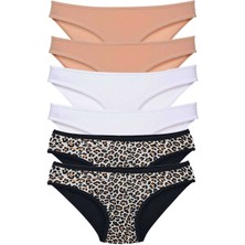 ModaSize 6 Adet Likralı Kadın Slip Külot Leopar Ten Beyaz