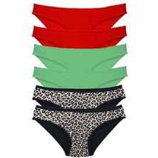 ModaSize 6 Adet Likralı Kadın Slip Külot Leopar Kırmızı Yeşil