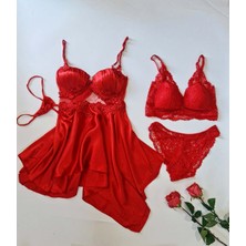 Çeyize Dair Herşey Passion Red Satin 4 Lü Gecelik Seti Kırmızı İpek Saten Dantel Detaylı Modern Tasarım
