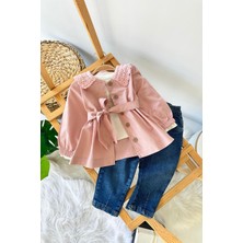 Miniğimin Cicileri Yakası Örgü Trençli Kız Bebek Kotlu 3 Lü Takım - Gül Kurusu