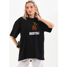 ModaSize Unisex Bisiklet Yaka Baskılı Oversize T-Shirt - Siyah