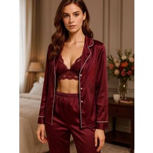 Kadın Bordo Dantel Braletli 3’lü Saten Pijama Takımı