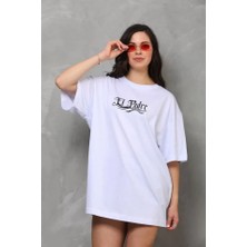 ModaSize Unisex Bisiklet Yaka Baskılı Oversize T-Shirt - Beyaz