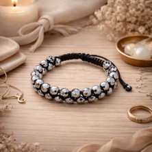 Enfera Doğal Taş Doğal Taş Hematit Taşı Makrome Çift Sıra Bileklik 8 mm