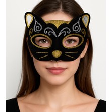 Costurera Kadife Dokulu Sim Detaylı Işıltılı Kedi Maskesi Altın Gümüş 20X13 cm