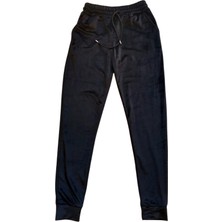 ModaSize Parlak Kadife Cepli Pantolon Eşofman Pijama Altı Unisex Lastikli Paça Siyah