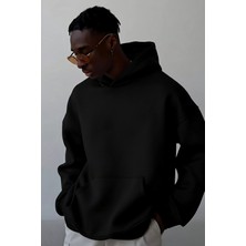 Guaraz Siyah Yumuşacık Kumaşlı Oversize Fit Ici Polarlı Basic Kapüşonlu Sweatshirt Hoodie