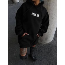 ModaSize Uzun Kol Kapşonlu Göğüs Baskılı Sweatshirt - Siyah