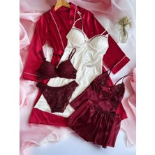 Çeyize Dair Herşey 6 Parça Bordo Laurel Kadın Saten Gecelik Sabahlık Çeyiz Seti  6920