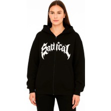 ModaSize Oversize Kapüşonlu Sweatshirt Hoodie 3 Iplik Şardonlu Pamuklu Kumaş, Önü Baskılı, Fermuarlı Rahat Kalıp, Kışlık ve Sokak Stili Sweat - Siyah