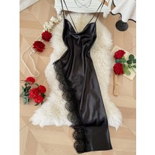 Çeyize Dair Herşey Midnight Noir Dantel Detaylı Uzun Saten Gecelik