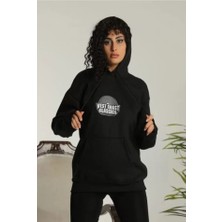 ModaSize Unisex Sırt Baskılı Kapüşonlu Üç Iplik Oversize Sweatshirt - Siyah