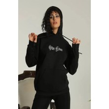 ModaSize Sırt Baskılı Oversize Üç Iplik Kapüşonlu Sweatshirt - Siyah
