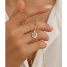 Zilvana Pembe Kalp Taşlı Pırlanta Görünümlü 925 Ayar Gümüş Kolye