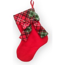 Costurera Ekose Kurdele Detaylı Tasarım Yılbaşı Temalı Hediye Çorabı