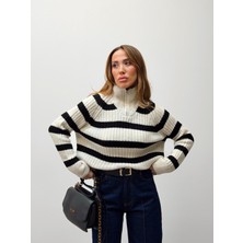 Maldia Shop Kadın Ola Fermuarlı Dik Yaka Çizgili Triko Kazak