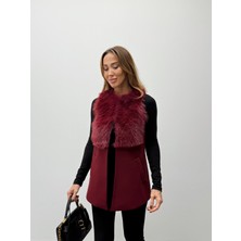 Maldia Shop Kadın Kürk Detaylı Kaşe Bordo Yelek