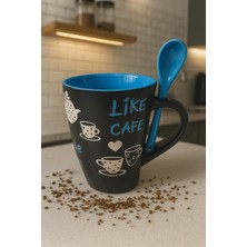 Buenos Porselen Siyah-Mavi Renk Kaşıklı Kupa Bardağı - Kahve Kupası