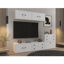 Nettrends Modüler Tv Ünitesi – 4 Kapaklı Üst Blok + Alçak Dolap & Çekmeceler (Tv Ünitesi, BEYAZ)-NRG-TVT-1014