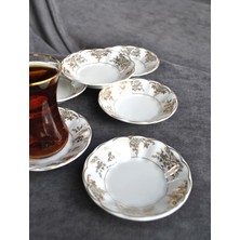 Qualitev 6 Adet Porselen Çay Tabağı Altın Yaldızlı Çay Tabak - Myra
