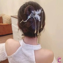 Cinderella Vintage Sallantılı Mavi Taşlı Kıstırmalı Metal Topuz Tokası Gold 13CM - Düğün Gelin Nikah Aksesuarı