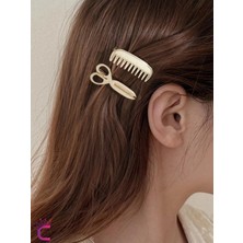 Cinderella Makas ve Tarak Tasarım Metal Gold Pens Toka Seti 5cm - Yaratıcı Y2K Klipsli Yan Saç Tokası