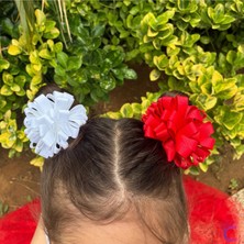 Cinderella 2'li Kırmızı Beyaz Kurdele Çiçekli 23 Nisan Lastikli Topuz Tokası 7cm - 29 Ekim Bayramı Saç Tokası