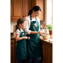 Anne Kız Gabardin Pamuk Kumaş Ayarlanabilir Askılı Yeşil Şef Önlüğü (Paslanmaz Metal Aksamlı)