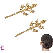 Cinderella 2'li Dal Yaprak Tasarım Gold Metal Tel Toka 6cm- Klipsli Yan Saç Tokası Düğün Nikah Gelin Aksesuar