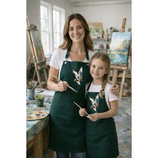 Anne Kız Gabardin Pamuk Kumaş Ayarlanabilir Askılı Yeşil Şef Önlüğü (Paslanmaz Metal Aksamlı)