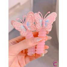Cinderella 2'li Pembe Mavi Tül Kelebekli Yaylı Spiral Makarna Toka - Kız Çocuk At Kuyruğu Saç Tokası