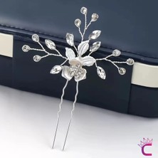 Cinderella Yapraklı Çiçekli Zirkon Taşlı Gelin Tacı Firkete Tokası Gümüş - Düğün Nikah Nişan Söz Saç Aksesuarı