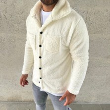 ModaSize Erkek Pelüş Polar Hırka Gömlek – Yakalı, Ilik Düğmeli, Göğüs Cepli, Yumuşak Dokulu Kışlık Regular Fit Rahat Günlük Model - Beyaz