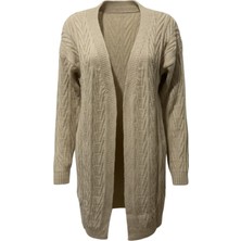 Mexelena Kadın Krem Uzun Oversize Örgü Hırka - Chevron Desenli Triko