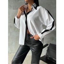 369 Etnik Butik Ön ve Kol Şeritli Beyaz Kadın Gömlek