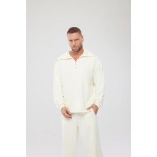 Fermuarlı Oversize Sweatshirt Ekru