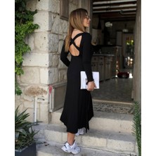 ModaSize Kadın Uzun Kollu Bisiklet Yaka Arkası Çapraz Detaylı Viskon Iki Iplik Maxi Elbise