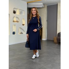 ModaSize Kadın Uzun Kollu Bisiklet Yaka Midi Modal Elbise