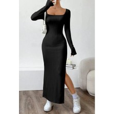 ModaSize Kadın Trend U Yaka Yırtmaçlı Uzun Kol Kalın Fitili Elbise