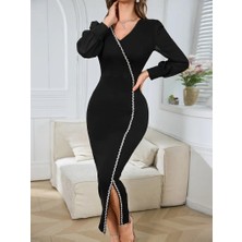 ModaSize Kadın Uzun Kollu V Yakalı Yırtmaçlı Taşlı Uzun Ithal Krep Elbise