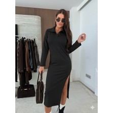 ModaSize Kadın Uzun Kollu Yakalı Yandan Yırtmaçlı Midi Modal Elbise