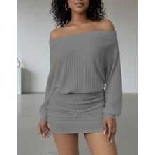 ModaSize Kadın Uzun Kollu Madonna Yaka Yanlardan Büzgülü Şardonlu Kaşkorse Mini Elbise